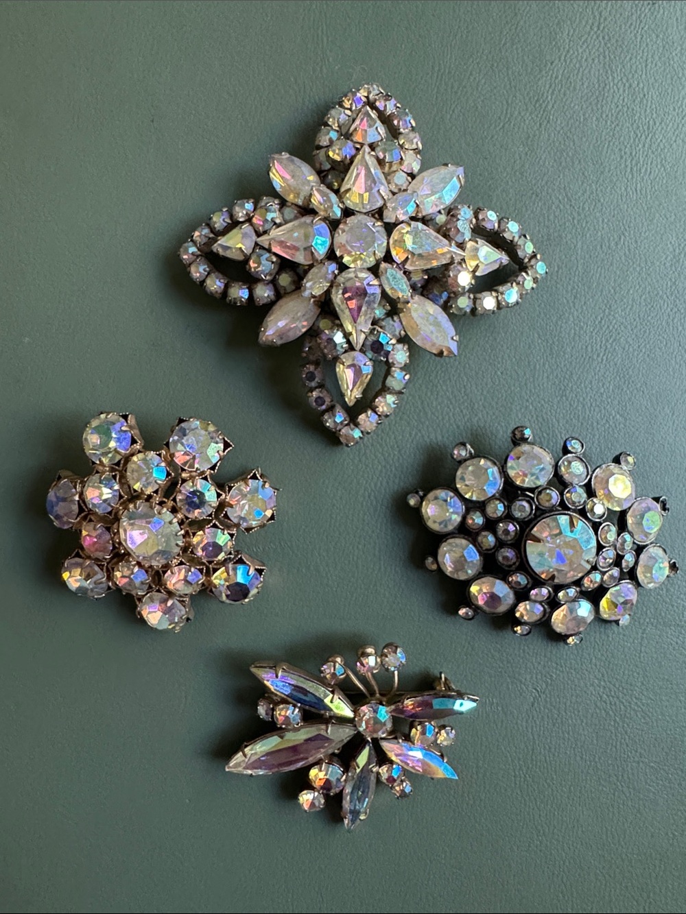 Four Vintage Aurora Borealis Rhinestone Brooches Mid-Century 1950/60’s